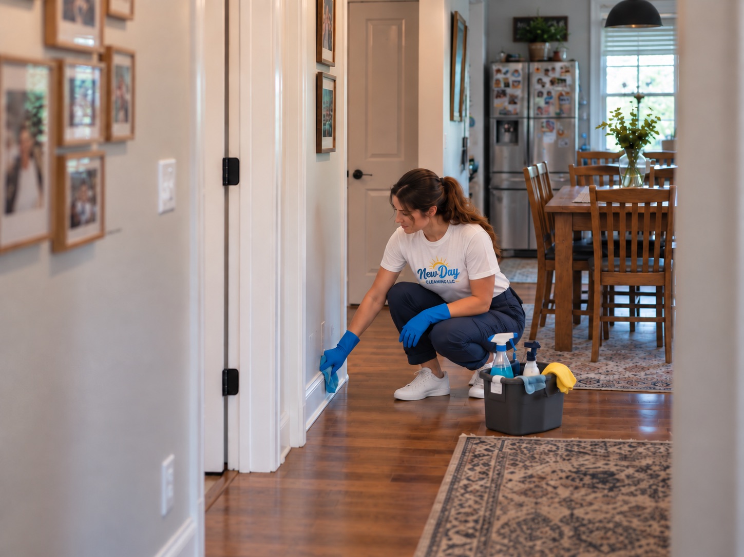 A New Day cleaner wiping baseboards