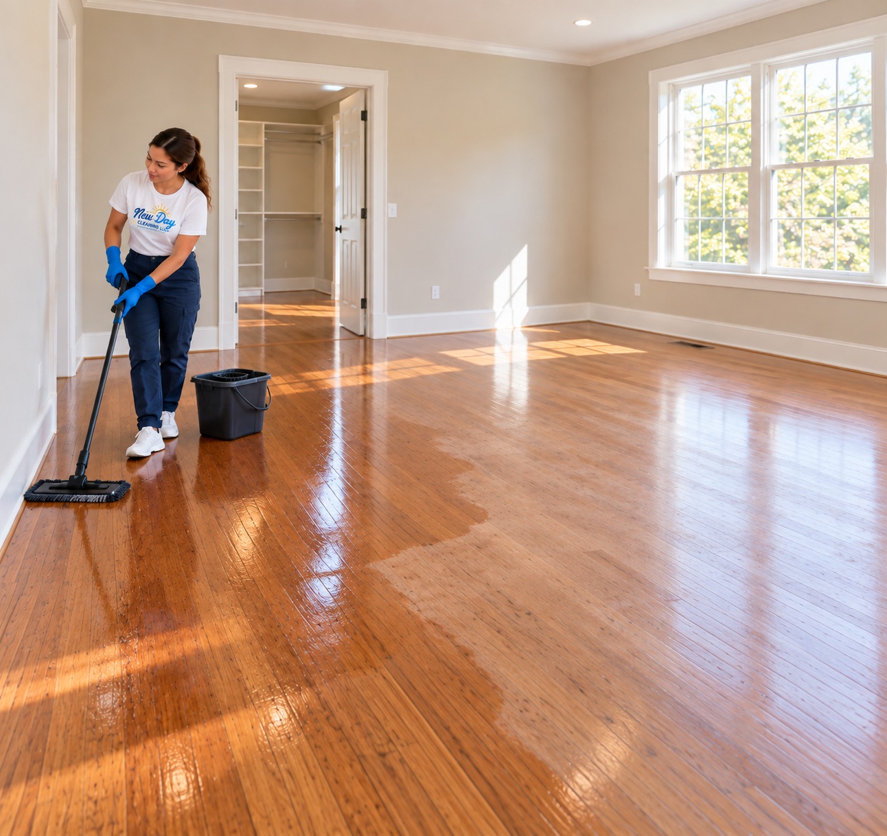 A New Day cleaner mopping the floor of an empty home