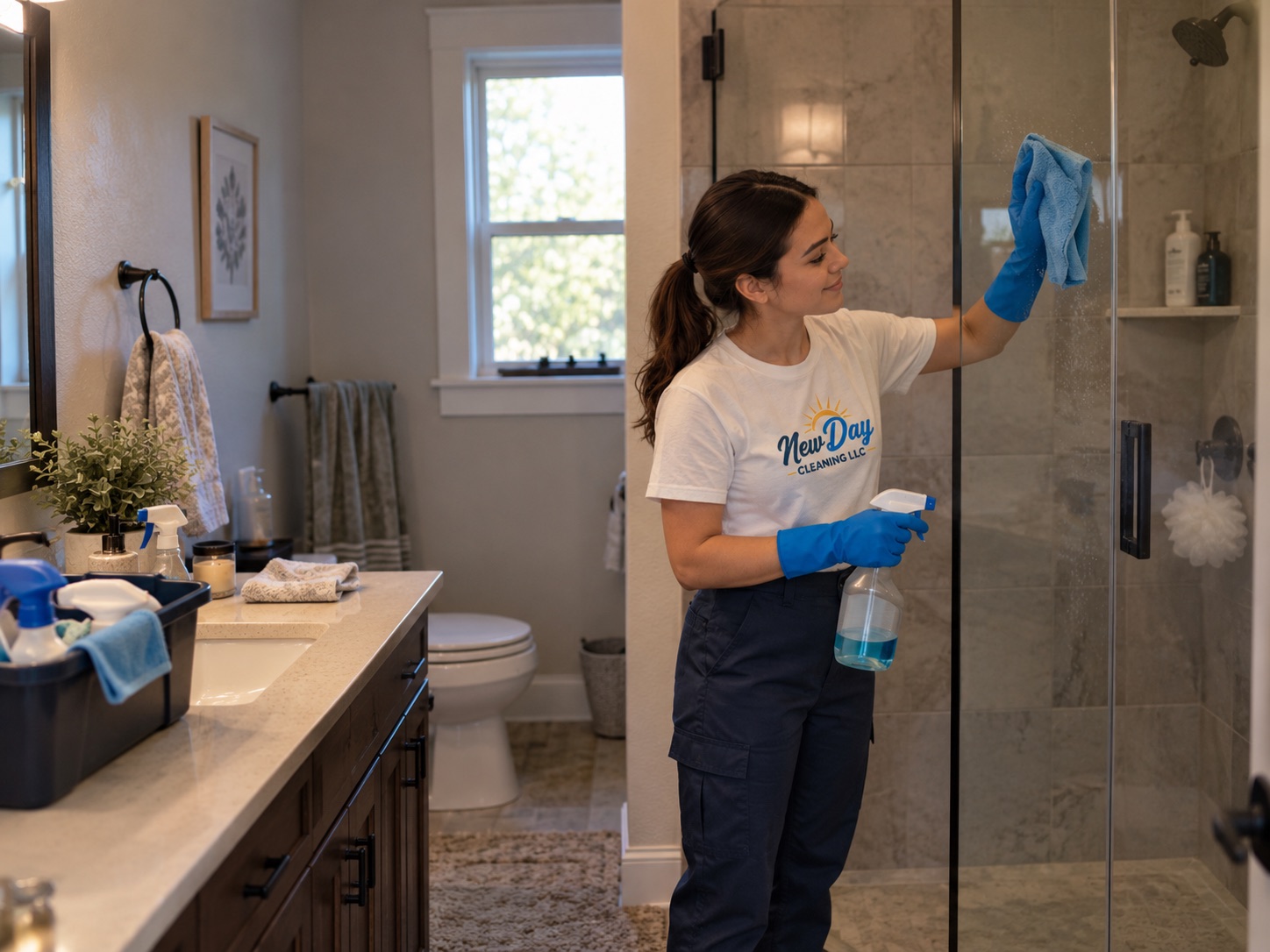 A New Day cleaner cleaning a glass shower door