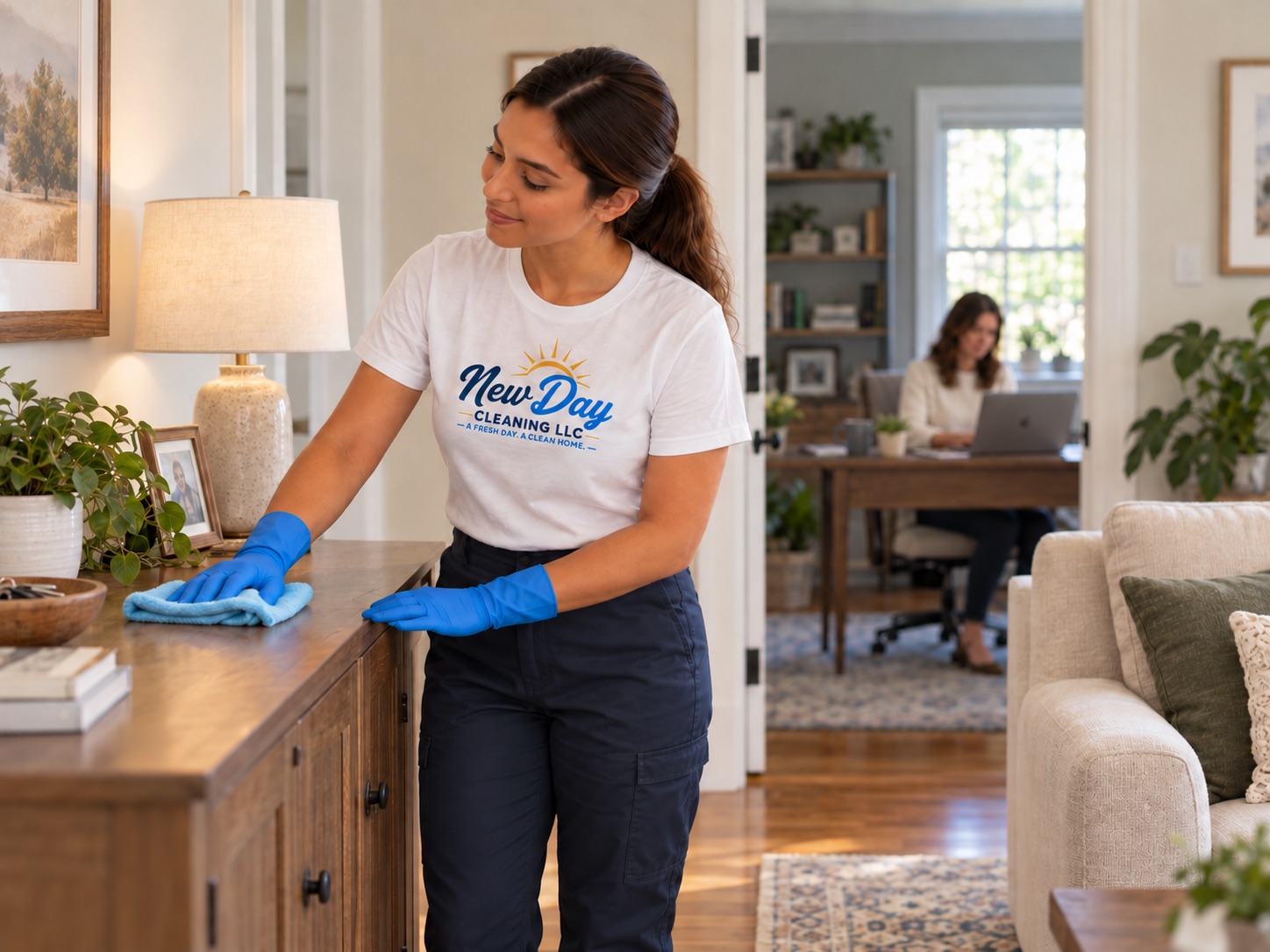 A New Day cleaner dusting a living room