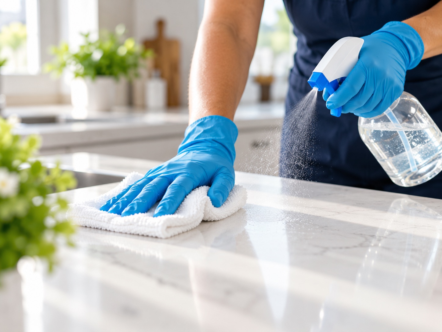 A cleaner wiping down a kitchen counter